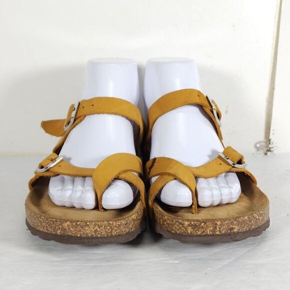 Bio Gold Women's US 9 Yellow Leather Toe Ring Slip On Low Wedge Sandals ITALY - Picture 6 of 16